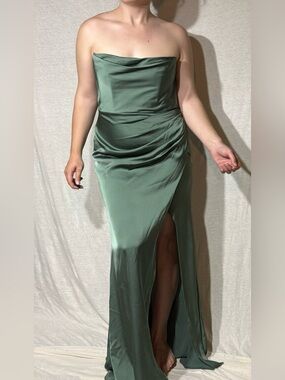 Azazie Leonis (Kendall & Kylie) Strapless Satin Gown in Sage Green